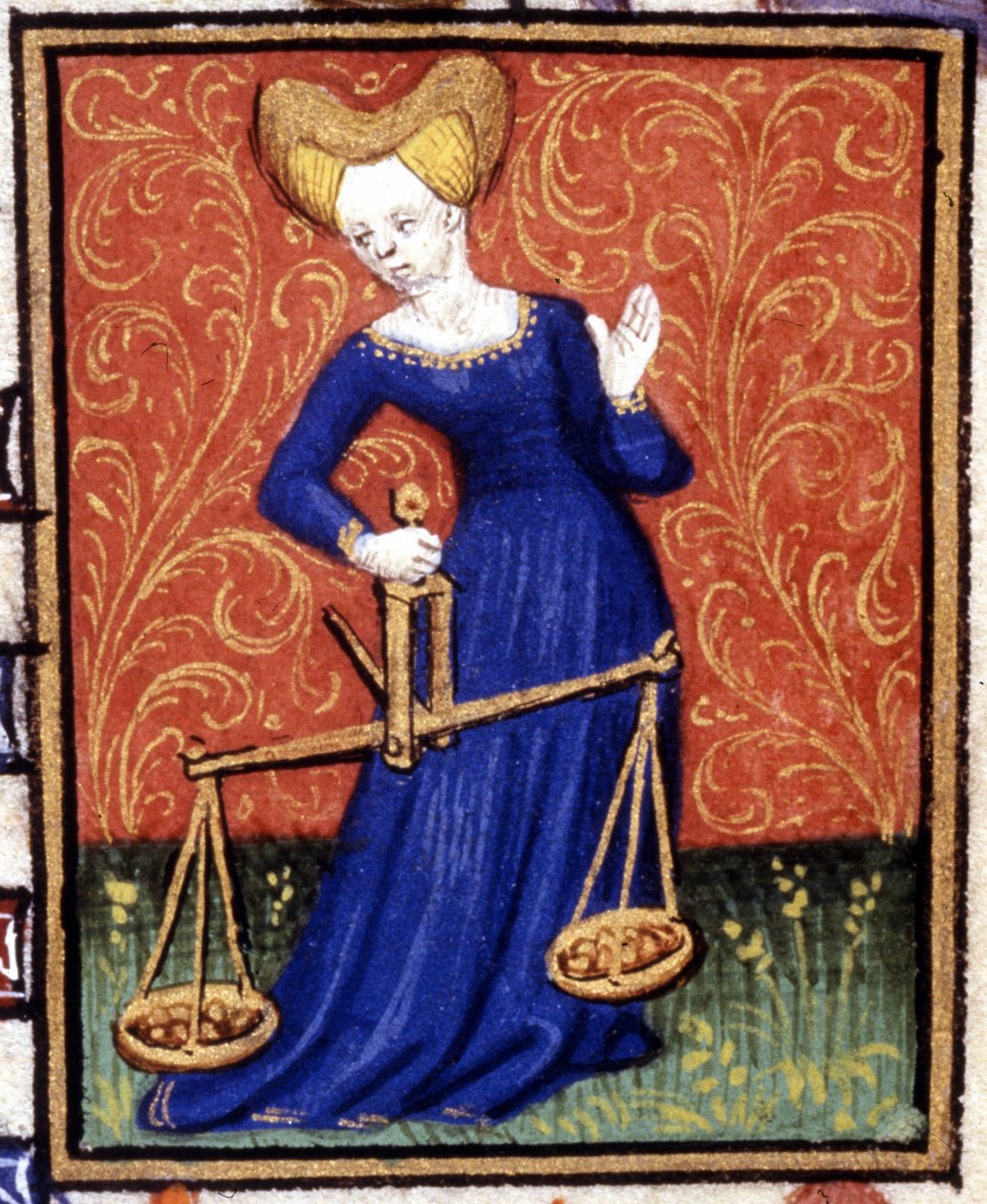 A Libra. Miniatura de um horóscopo. Manuscrito do século XV. Bíblia. Trivulziana, Milão. de Unknown artist
