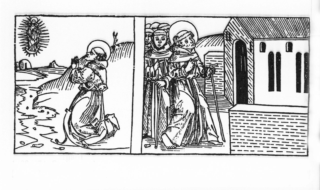 A Vida de São Bernardo de Menthon (923 - 1008). Gravura de "Leben der Heiligen - sommerteil" (O livro do santo) de Jacobus (Tiago) de Voragine (1228-1298). Lubeck 1488. de Unknown artist