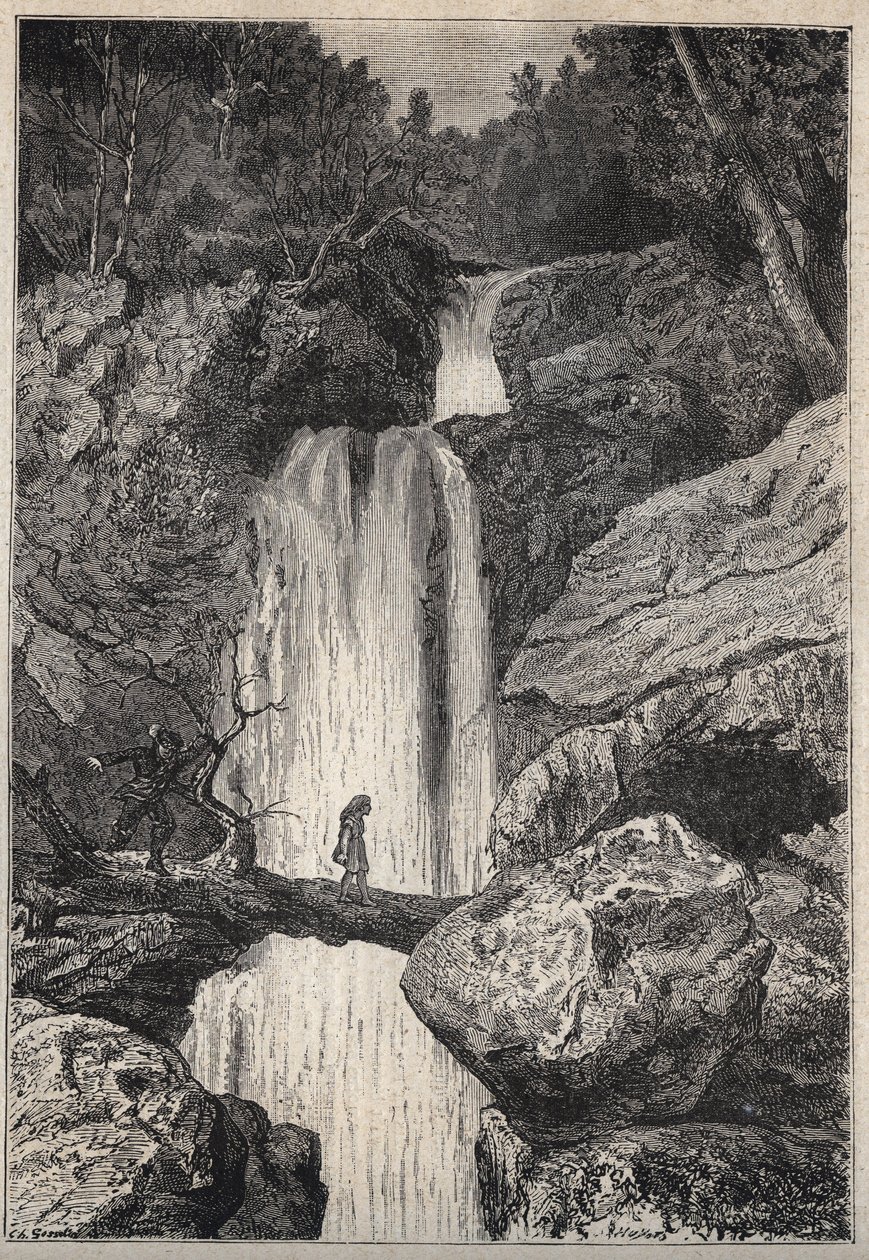 A queda de água de Linklater - ilustração do século XIX para o romance histórico "Os Puritanos da Escócia" (Old Mortality) de Walter Scott (1771-1832) de Unknown artist