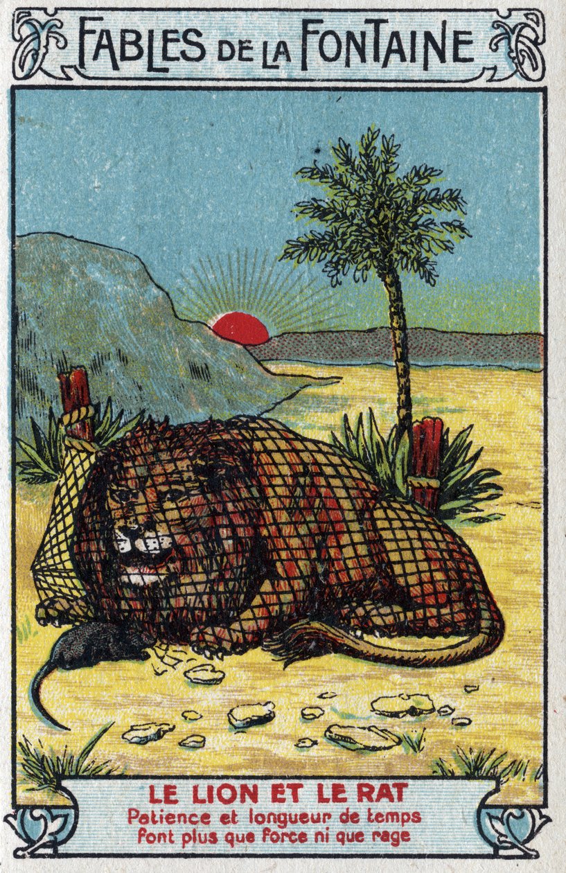 O Leão e o Rato - Fábulas de Jean de La Fontaine (1621-95) -Cromolitografia do final do século XIX Coleção Particular de Unknown artist