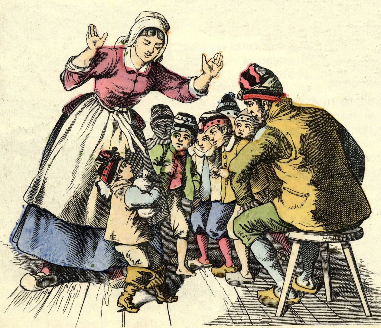 O Little Poulet e os seus irmãos vão para casa dos pais. Ilustração do conto "Le Pepetit Poucet", de Charles Perrault de Unknown artist