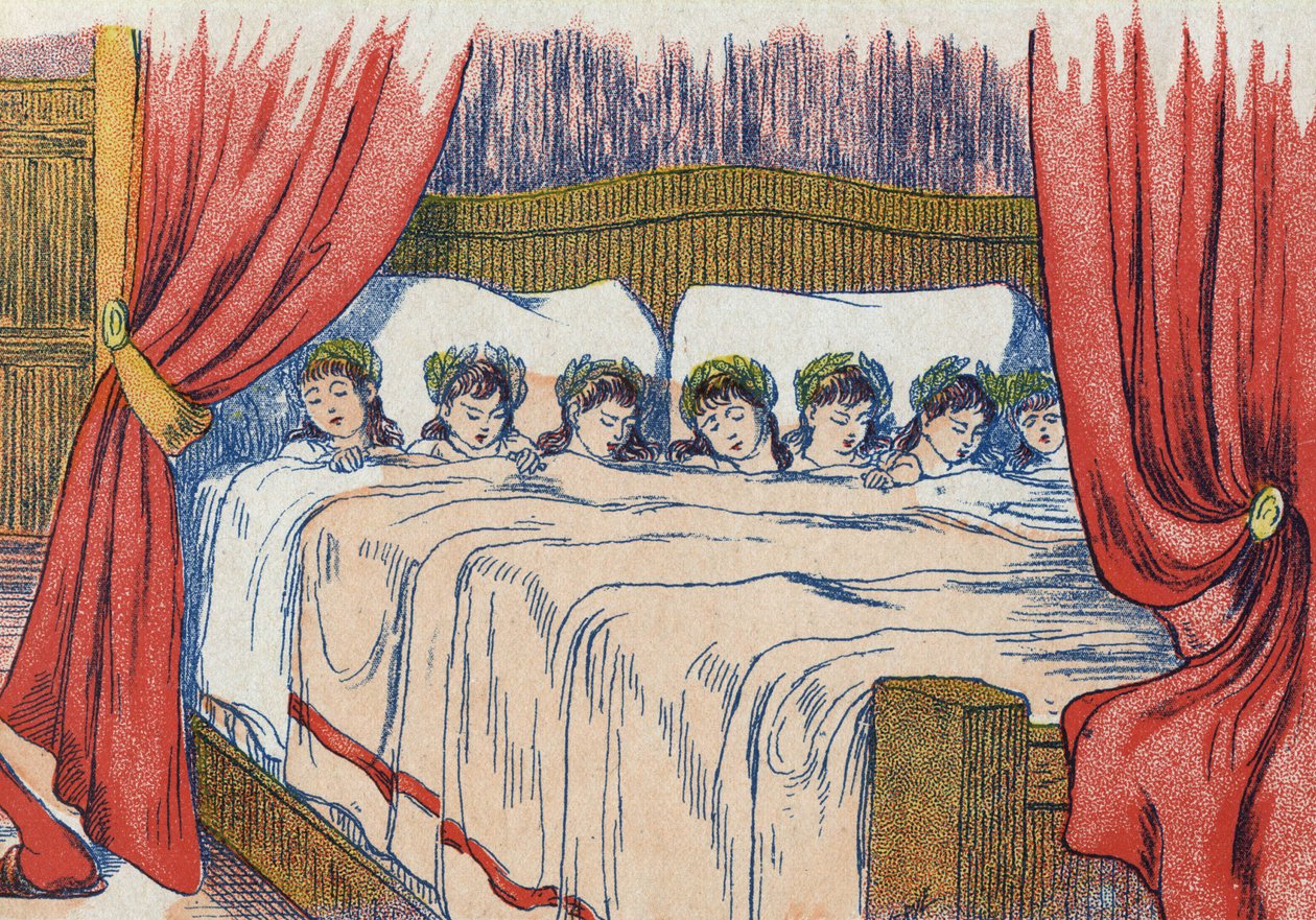 O Pequeno Polegar e seus irmãos dormem, coroa em sua cabeça. Ilustração para "Le Pepetit poucet", conto de Charles Perrault (1628-1703), escritor francês. Ilustração anônima. Imagery Marcel Vagne, Jarville Nancy, sem data (final do século XIX). de Unknown artist