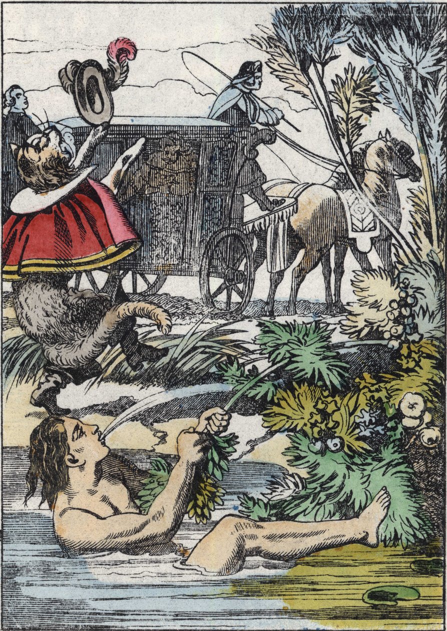 O Marquês de Carabas finge afogar-se enquanto o gato da bota chama por ajuda. Ilustração do conto "The cat botte", de Charles Perrault de Unknown artist