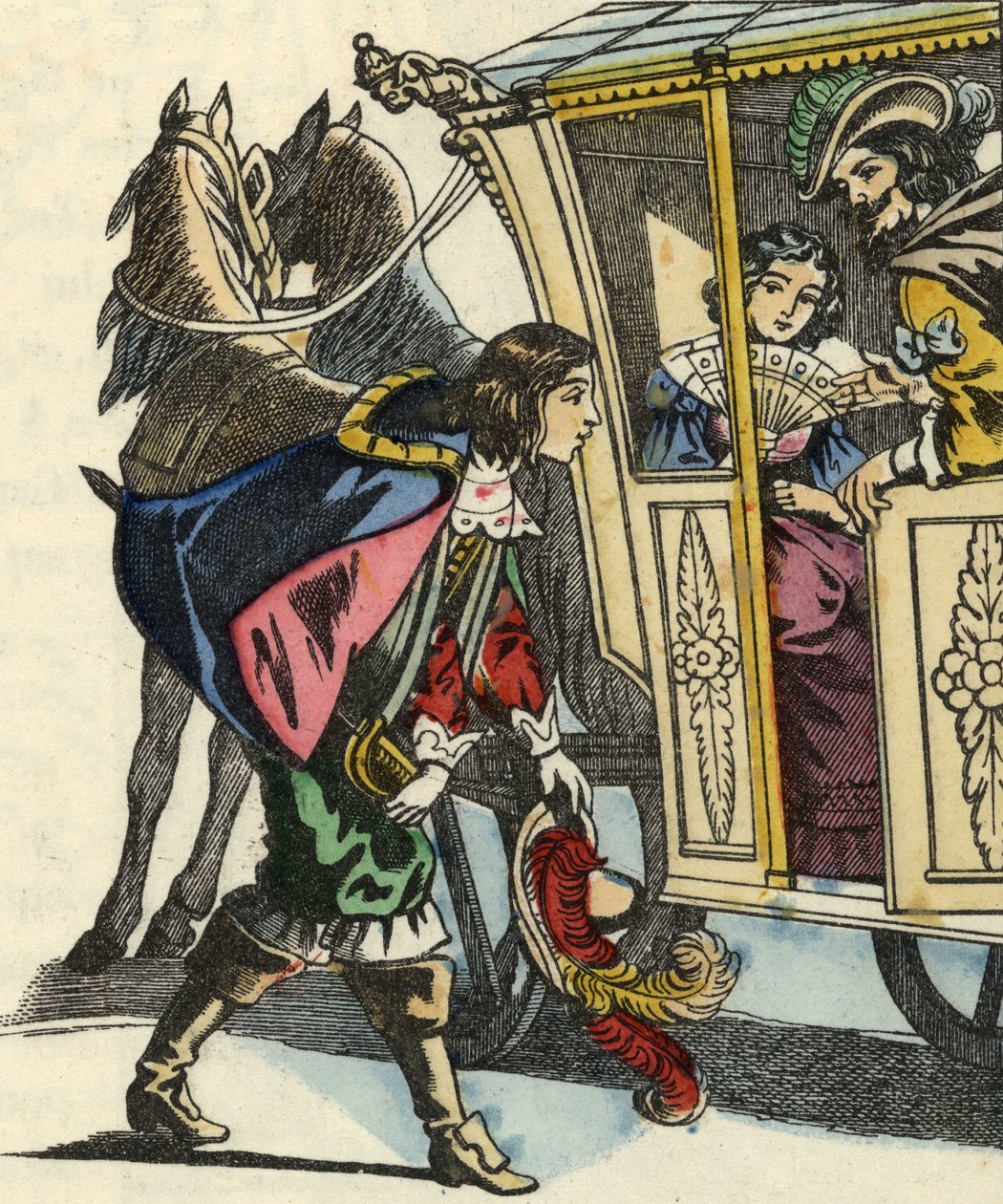O Marquês de Carabas saúda o rei e a princesa na sua carruagem. Ilustração do conto "O fundo do gato", de Charles Perrault de Unknown artist