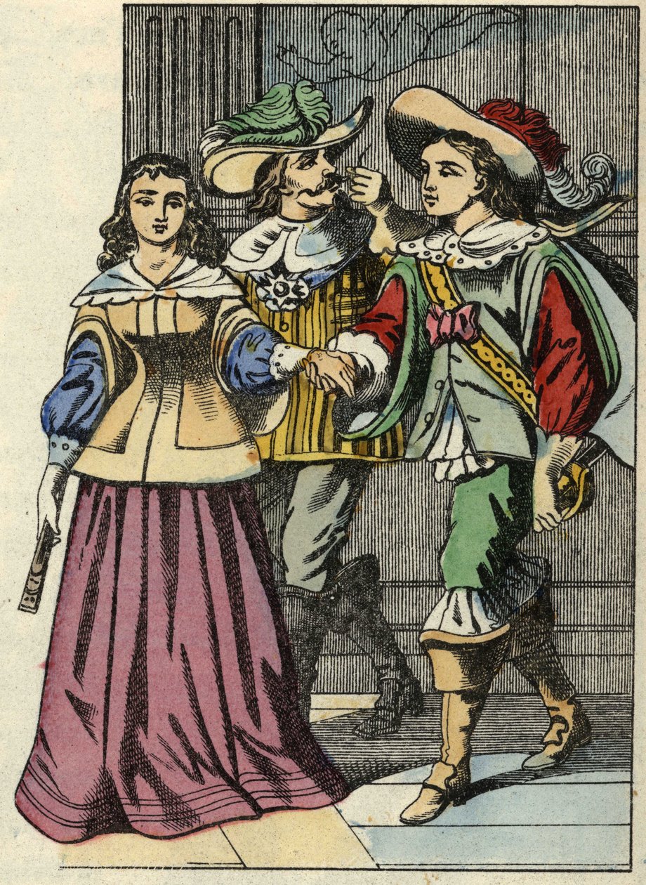 O Marquês de Carabas, a princesa e o rei no castelo. Ilustração do conto "The cat botte", de Charles Perrault de Unknown artist