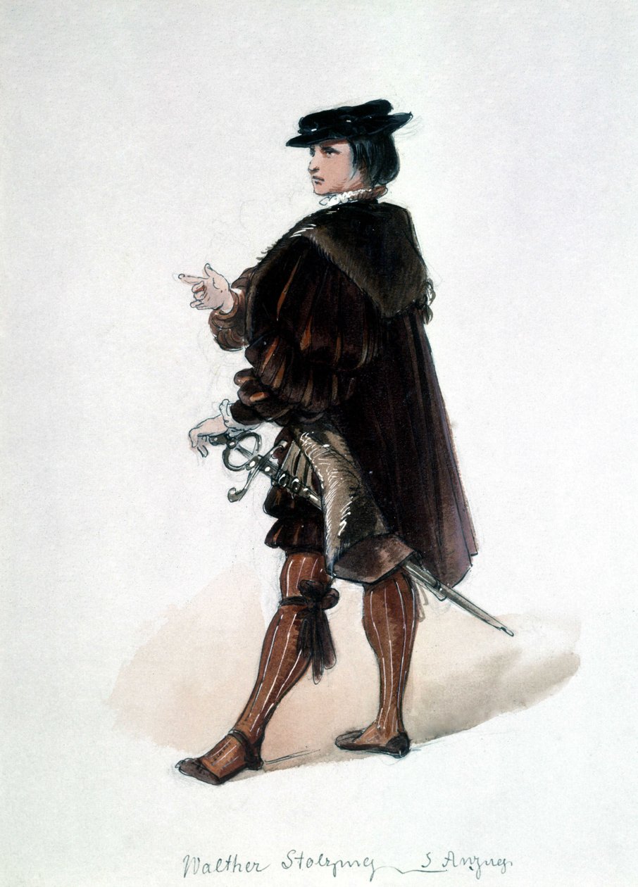 Os Mestres Cantores de Nuremberga (Die Meistersinger von Nürnberg), ópera criada por Richard Wagner: fantasia de Walther von Stolzing para a primeira apresentação. Museu Wagner Bayreuth. de Unknown artist