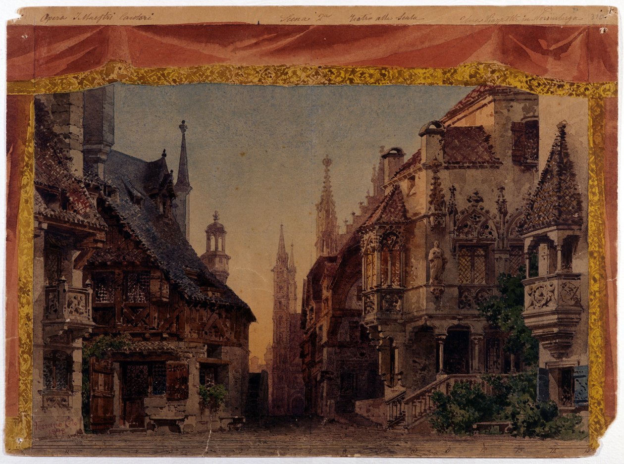 The Meistersinger von Nurnberg (Les Maitres Chanteurs de Nuremberg), WWV 96, ópera de Richard Wagner, criada em 1868. Cenografia de Ferrario para La Scala em Milão de Unknown artist