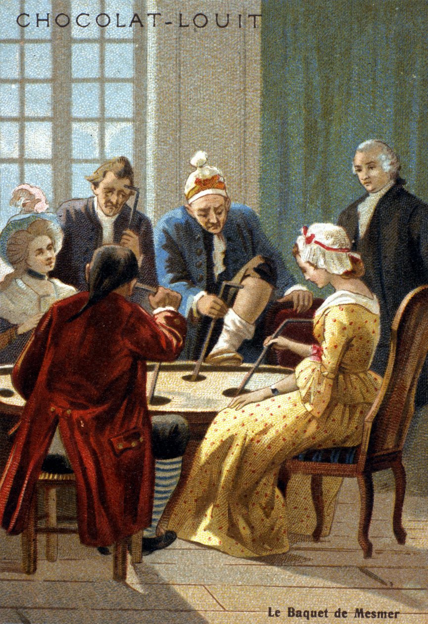 O balde Mesmer (Frederic Antoine Mesmer - Franz Anton Mesmer). Experiência de Mesmer (1734 - 1815), um médico alemão que afirma ter descoberto o "magnetismo animal". chromolithographof do século XIX. de Unknown artist