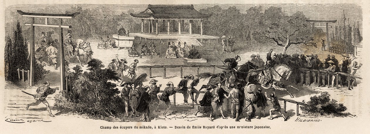 O campo de escudeiros Mikado (Imperador do Japão) em Kioto (ou Kyoto), pista de treino e treino para cavalos imperiais. Gravura para ilustrar a viagem ao Japão, em 1863-1864, de Aime Humbert, ministro da Confederação Suíça, em "Le tour du monde, nouveau de Unknown artist