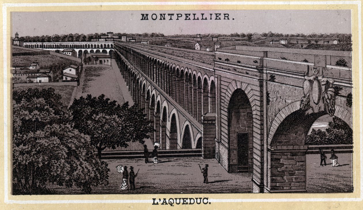 O Montpellier Acqueduc (Herault, região de Languedoc-Roussillon). Cromolitografia do final do século XIX. de Unknown artist