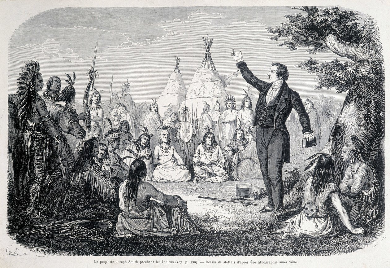 O Profeta Mórmon Joseph Smith pregando aos índios (América do Norte). Ilustração do século 19. de Unknown artist