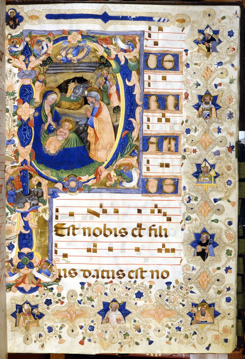 A Natividade representada em um coral do século XIV. Milão, Biblioteca nazionale Braidense. de Unknown artist