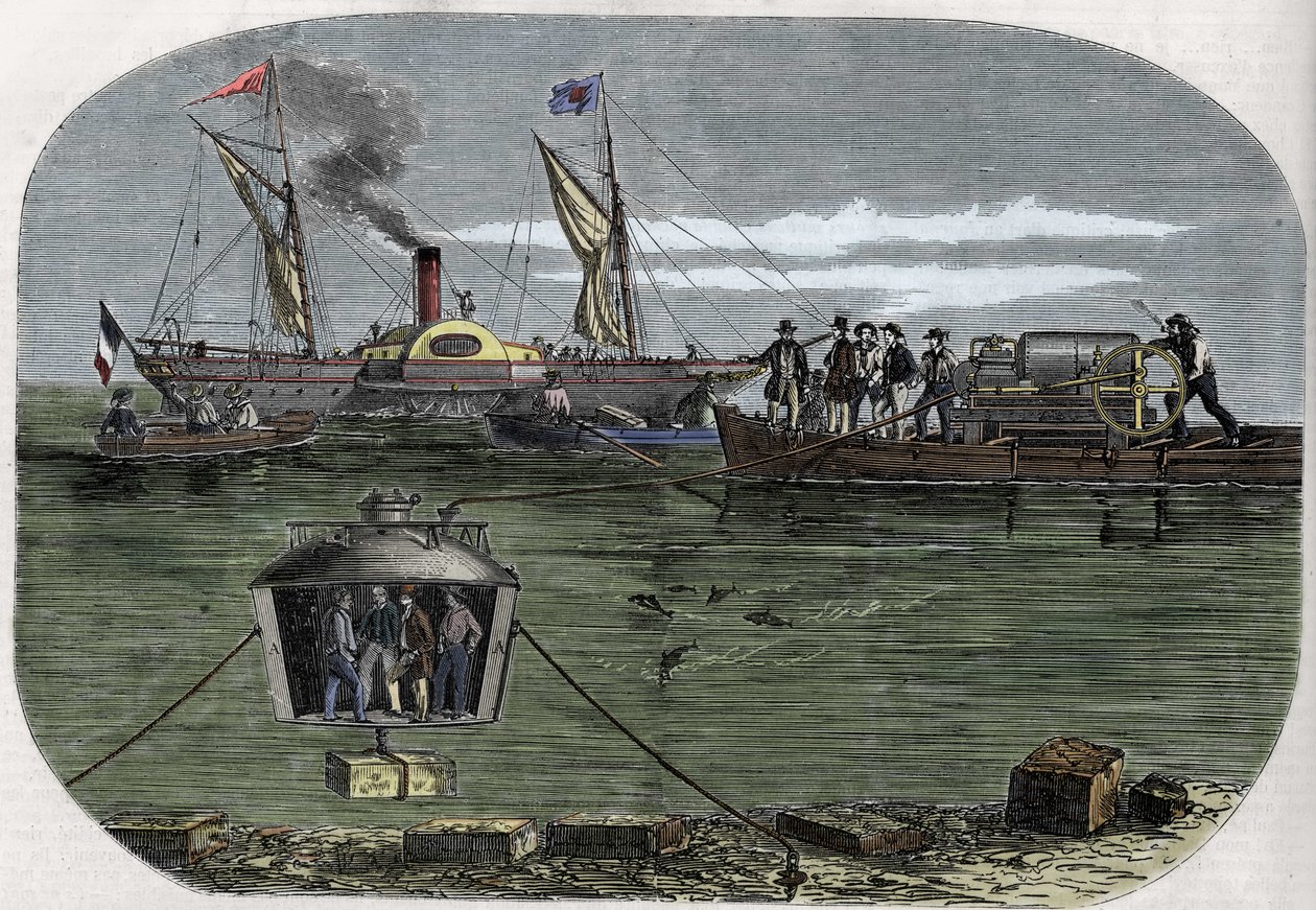 O sino de mergulho "Nautilus" do Dr. Antoine Prosper Payerne experimentou no Sena, Paris, e depois aperfeiçoou-se nos Estados Unidos. Gravura (1858) em Le "Monde illustrious". de Unknown artist