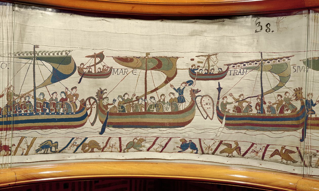 A frota de invasão normanda atravessa o canal, Bayeux Tapestry (bordado de lã em linho) de Unknown artist