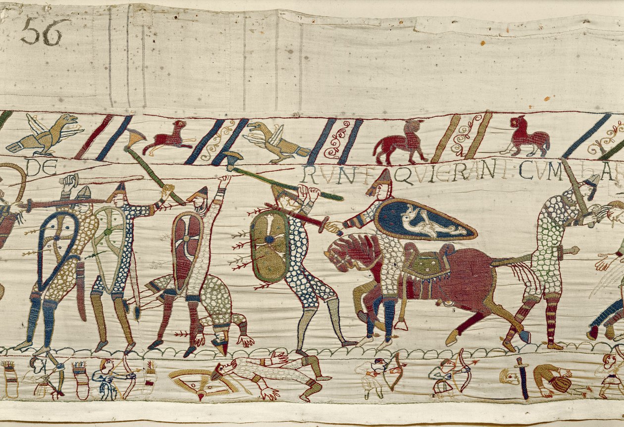 Os normandos lutam e matam aqueles que estavam com o rei Harold, Bayeux Tapestry (bordado de lã em linho) de Unknown artist