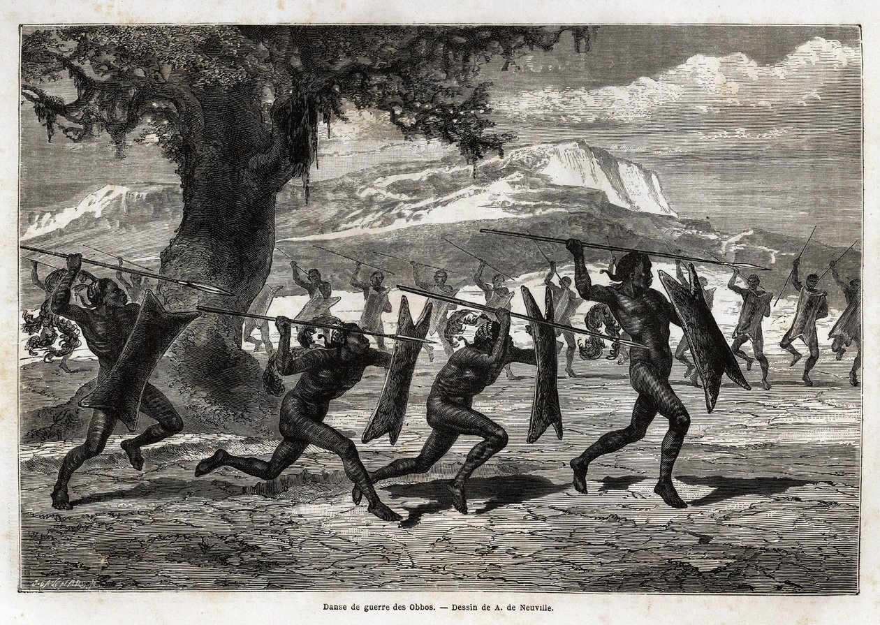 Os Obbos (tribo do Uganda) executando uma dança de guerra. Gravura para ilustrar a viagem de Sir Samuel White Baker ao Lago Albert, 1861-1864, no "Le tour du monde, nouveau journal des voyages" publicado sob a direcção de Edouard Charton de Unknown artist