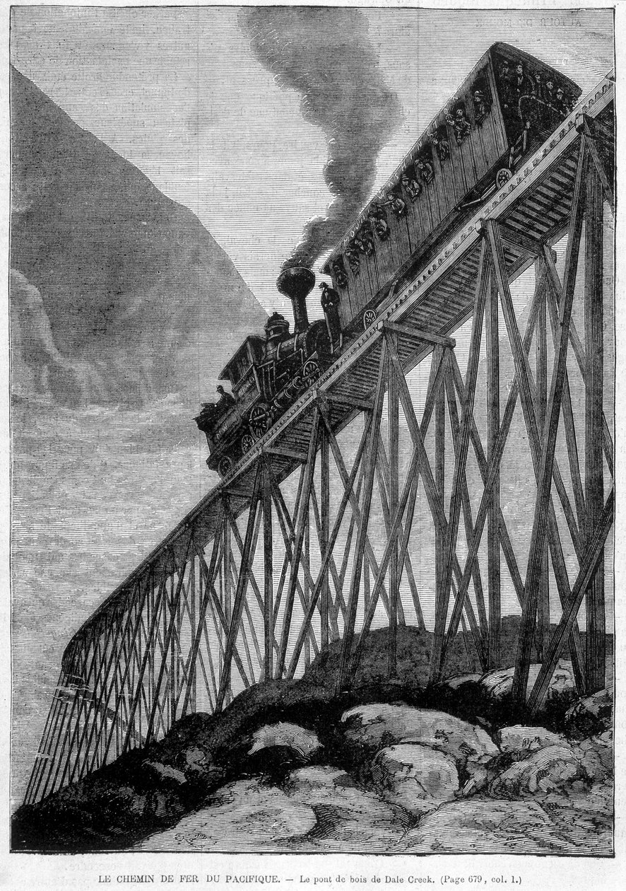 A Ferrovia do Pacífico na Ponte de Madeira de Dale Creek - gravura, final do século XIX de Unknown artist