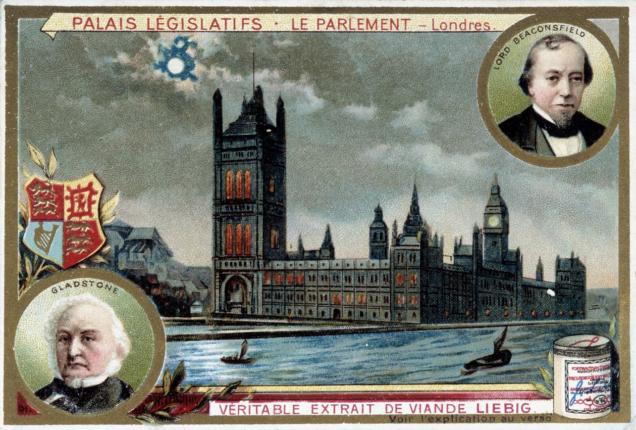 O Palácio de Westminster, ou Parlamento de Londres (Inglaterra), com retratos de William Ewart Gladstone (1809-1898) e Benjamin Disraeli, Lord Beaconsfield (1804-1881) - Cromolitografia de Liebig de Unknown artist