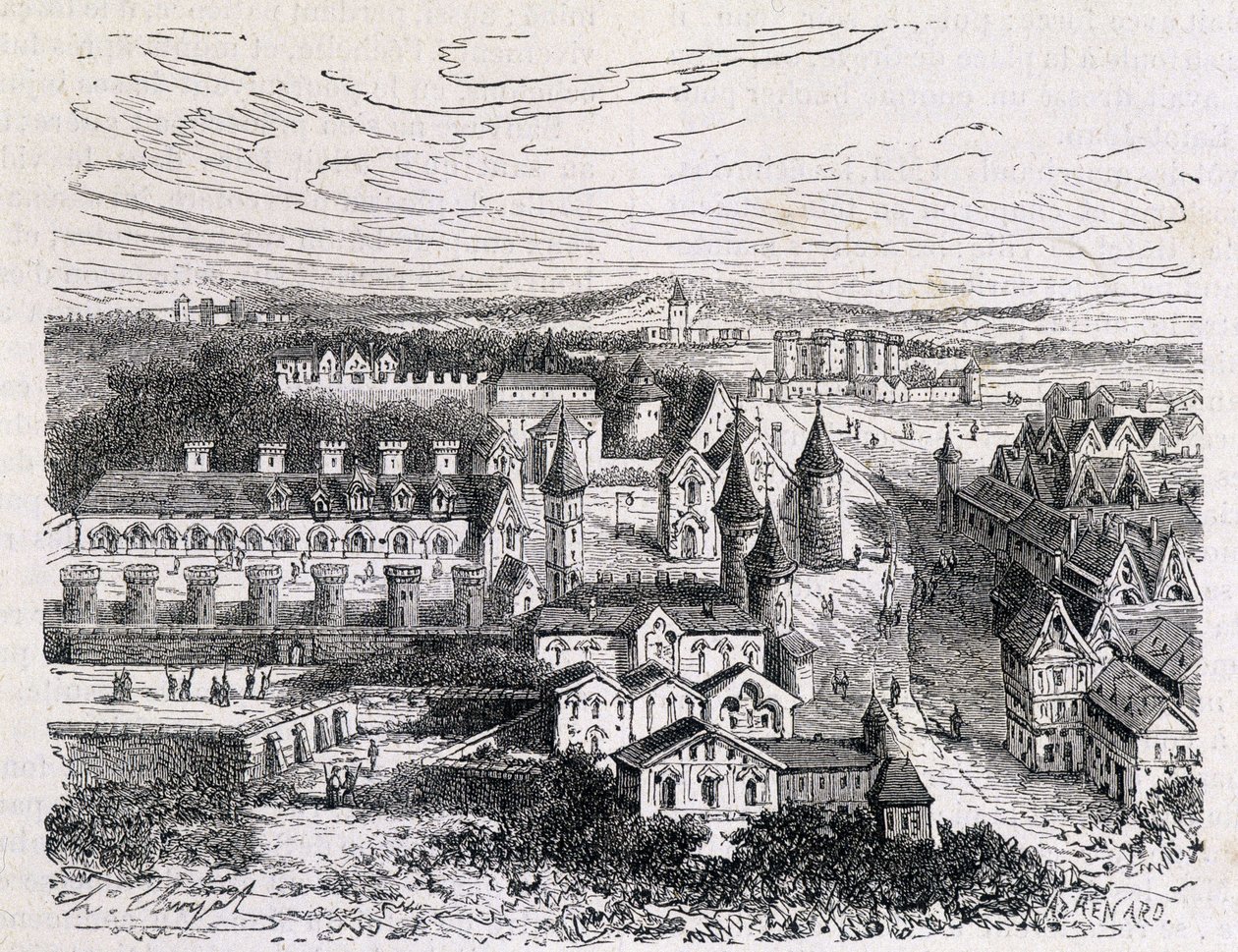 O Palais des Tournelles, em frente ao Hotel Saint Paul - gravura, final do século XIX de Unknown artist