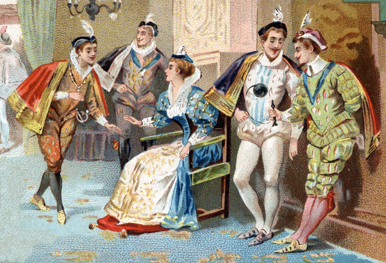 O Palais du Louvre sob o reinado de Henrique III (século XVI): jovens da Corte do Rei. Cromolitografia do final do século XIX. de Unknown artist