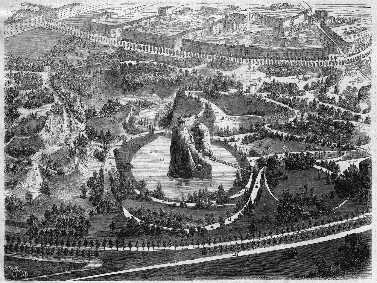 O Parc des Buttes Chaumont (Buttes-Chaumont), um jardim público no 19º arrondissement de Paris, construído por iniciativa do Barão Haussmann (Georges Eugene Haussmann de Unknown artist