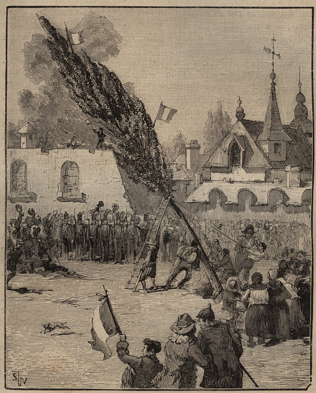 A Plantação de uma Árvore da Liberdade durante a Revolução (pólo da Liberdade) - Plantação de uma Árvore da Liberdade (álamo) em França. Gravura de 1885 em "Les arts et metiers illustres" de Adolphe BITARD. de Unknown artist