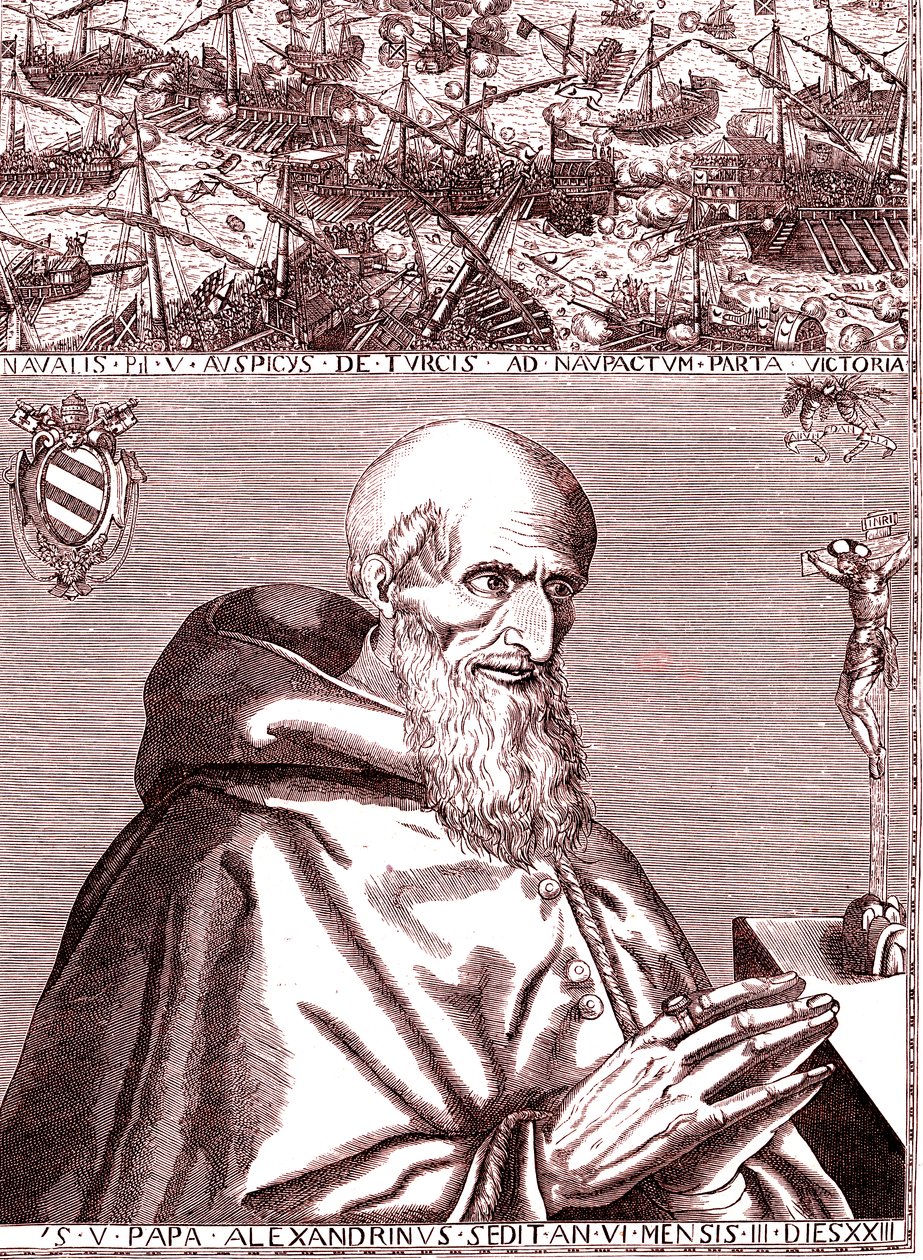 O Papa Pio V faz uma aliança com a frota espanhola e a frota italiana de Veneza contra os turcos na batalha de Lepante, em outubro de 1571 de Unknown artist
