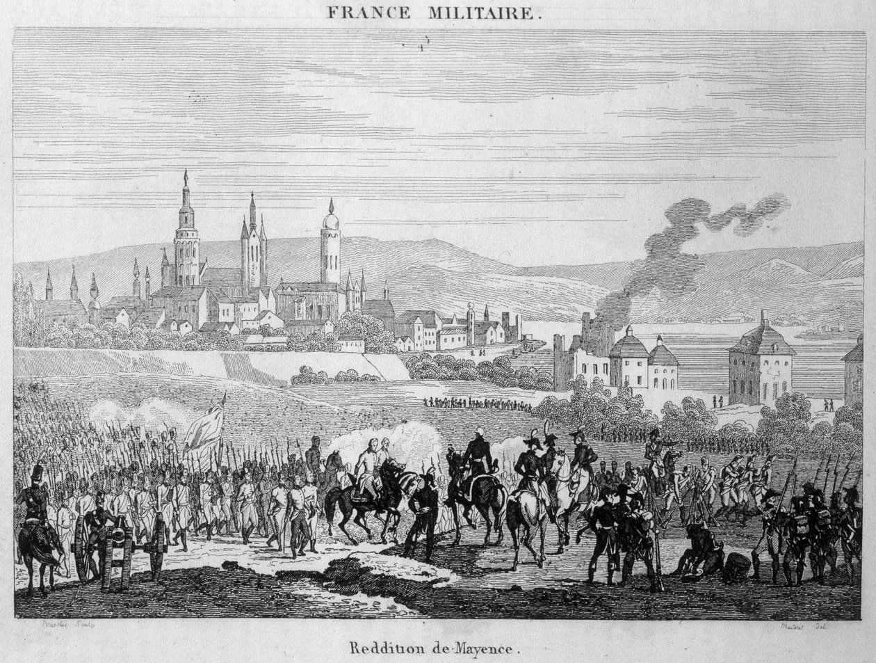 As tropas prussianas conquistaram aos franceses a cidade de Mainz (ou Mainz) na Alemanha, em julho de 1793. Gravura do século XIX. de Unknown artist