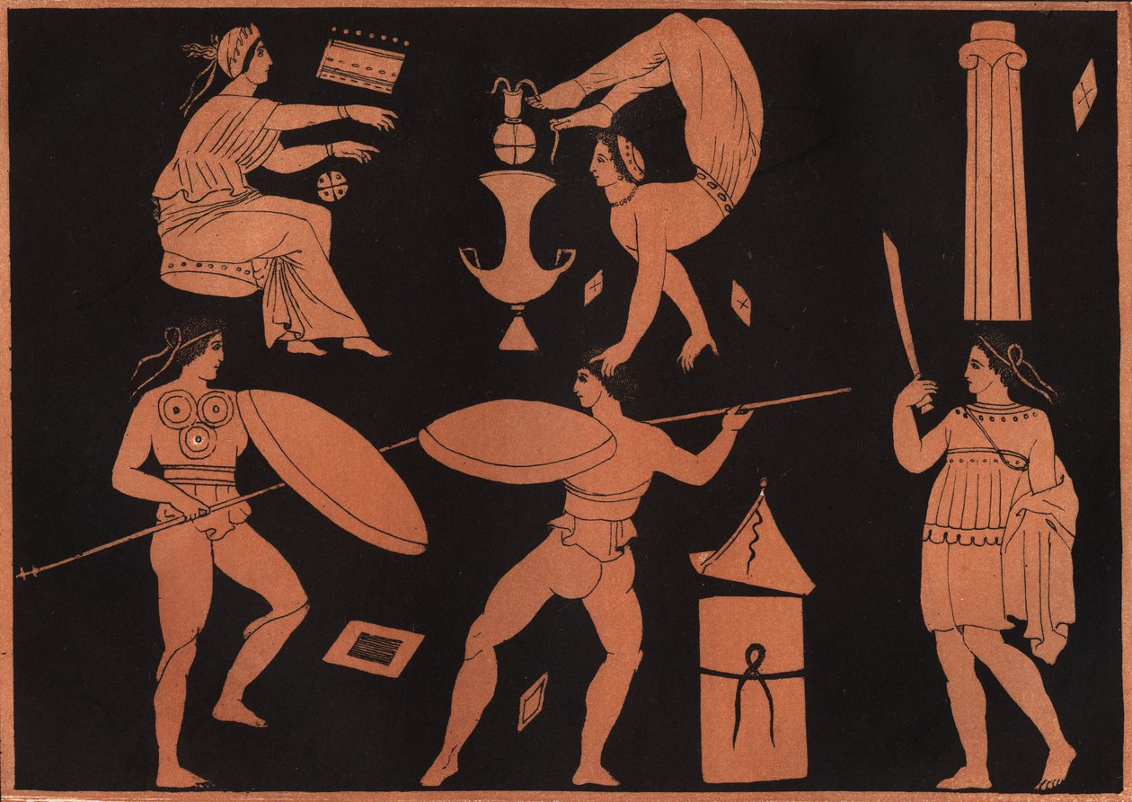 A dança Pyrrhichios (dança Pyrrhic) - gravura de "Usos e costumes de todos os povos do Universo". Ou melhor, História do Governo, Leis, Milícias, Religião de todas as Nações desde os Tempos Mais Rápidos até ao Dia de Hoje" 1856 de Unknown artist