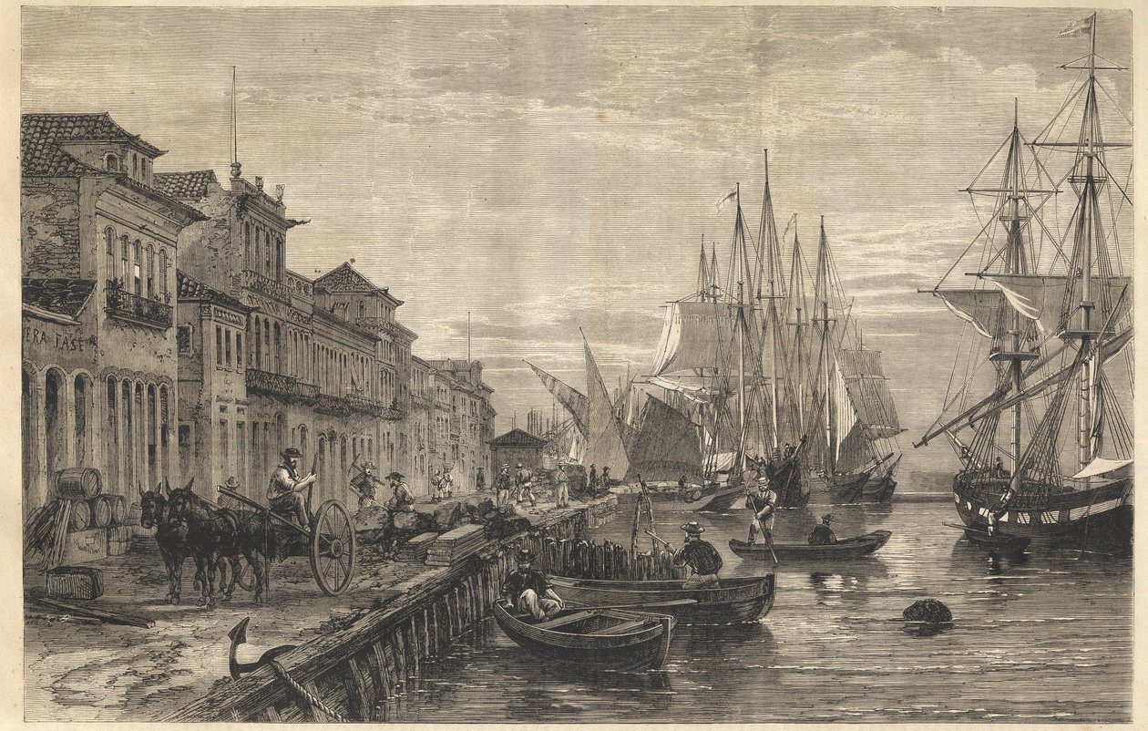 The Quay of Boa Vista, at San Pedro de Rio Grande do Sul, a Seaport of Brazil - Le quai de Belle-Vue, a San Pedro de Rio Grande (Brazil) - Captaincy of Sao Pedro do Rio Grande do Sul - Engraving from “The Illustrous Universe” 1866 de Unknown artist