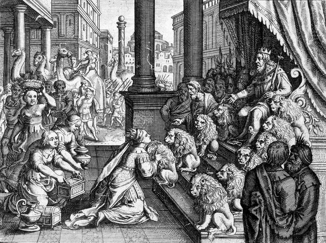 A Rainha de Sabá perante o Rei Salomão - gravura de uma bíblia do século XVII de Unknown artist