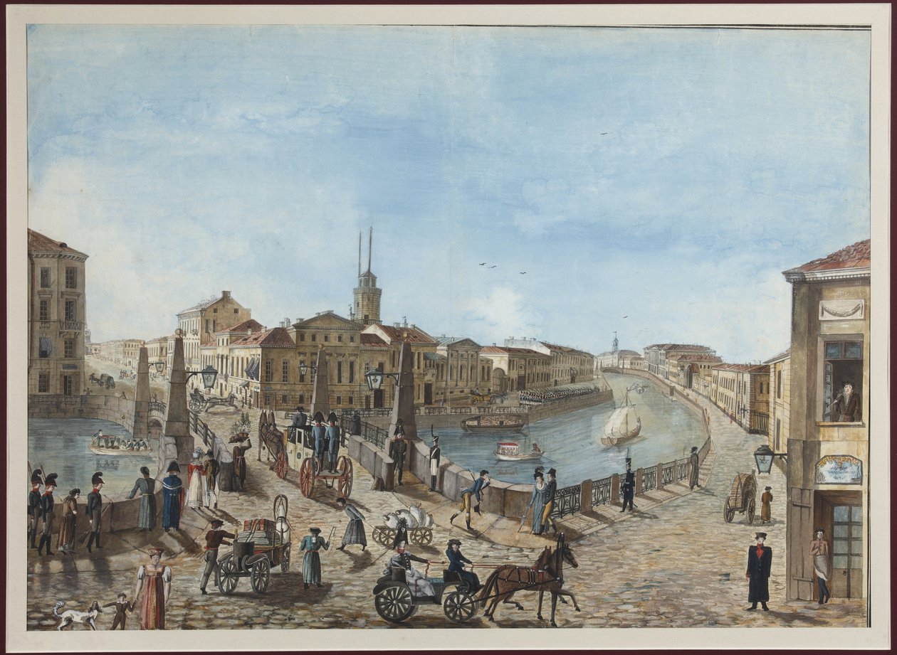 A Ponte Vermelha sobre o Rio Moika em São Petersburgo - Anónimo. Aquarela e cor branca sobre papel de Unknown artist