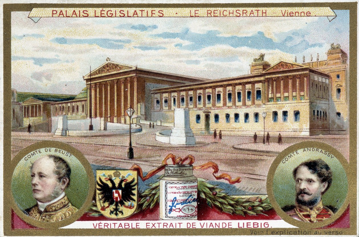 O Palácio Reichsrath, Viena (Áustria), com retratos do Conde Friedrich Ferdinand de Beust (1809-1886) e do Conde Gyula Andrassy (1823-1890) - Cromolitografia de Liebig de Unknown artist