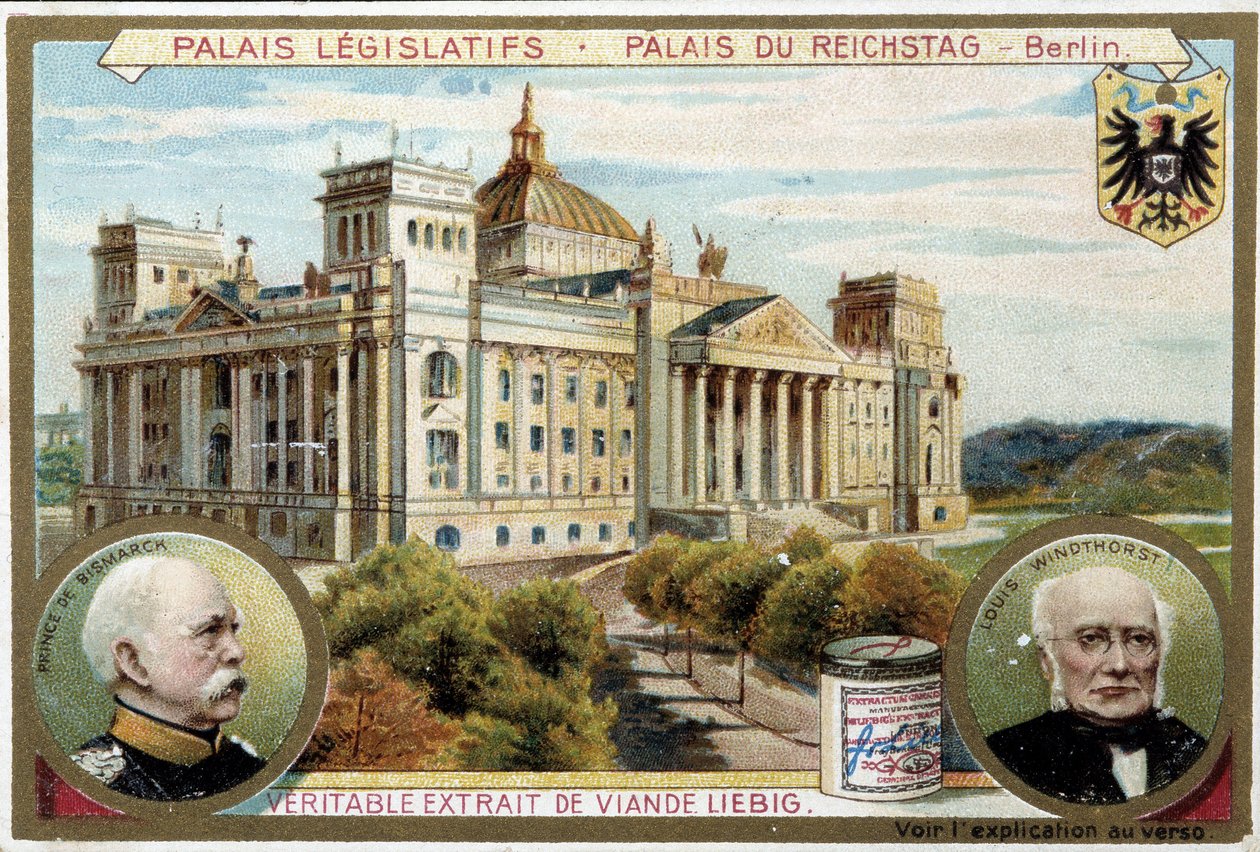 O Palácio Reichstag em Berlim, e retratos de Bismarck e Windthorst - selo publicitário Liébig, v.1900 de Unknown artist