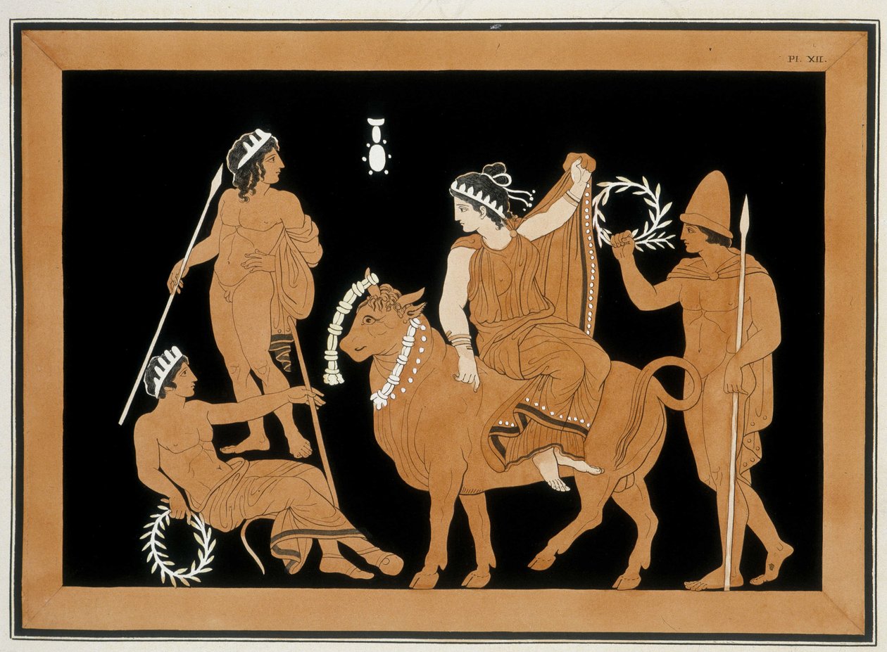 A Remoção da Europa - "Pinturas de vasos antigos, vulgarmente chamados de etruscos", de várias colecções e gravados por A. Clener, acompanhados de explicações de A.L. Millen. Por Dubois-Maisonneuve. Biblioteca de Maisons Alfort, Escola Veterinária. 1808 de Unknown artist