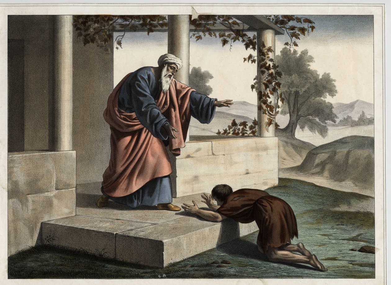 O regresso do filho pródigo - A parábola do filho pródigo: o regresso do filho pródigo ao seu pai. Gravura anónima de meados do século XIX. de Unknown artist