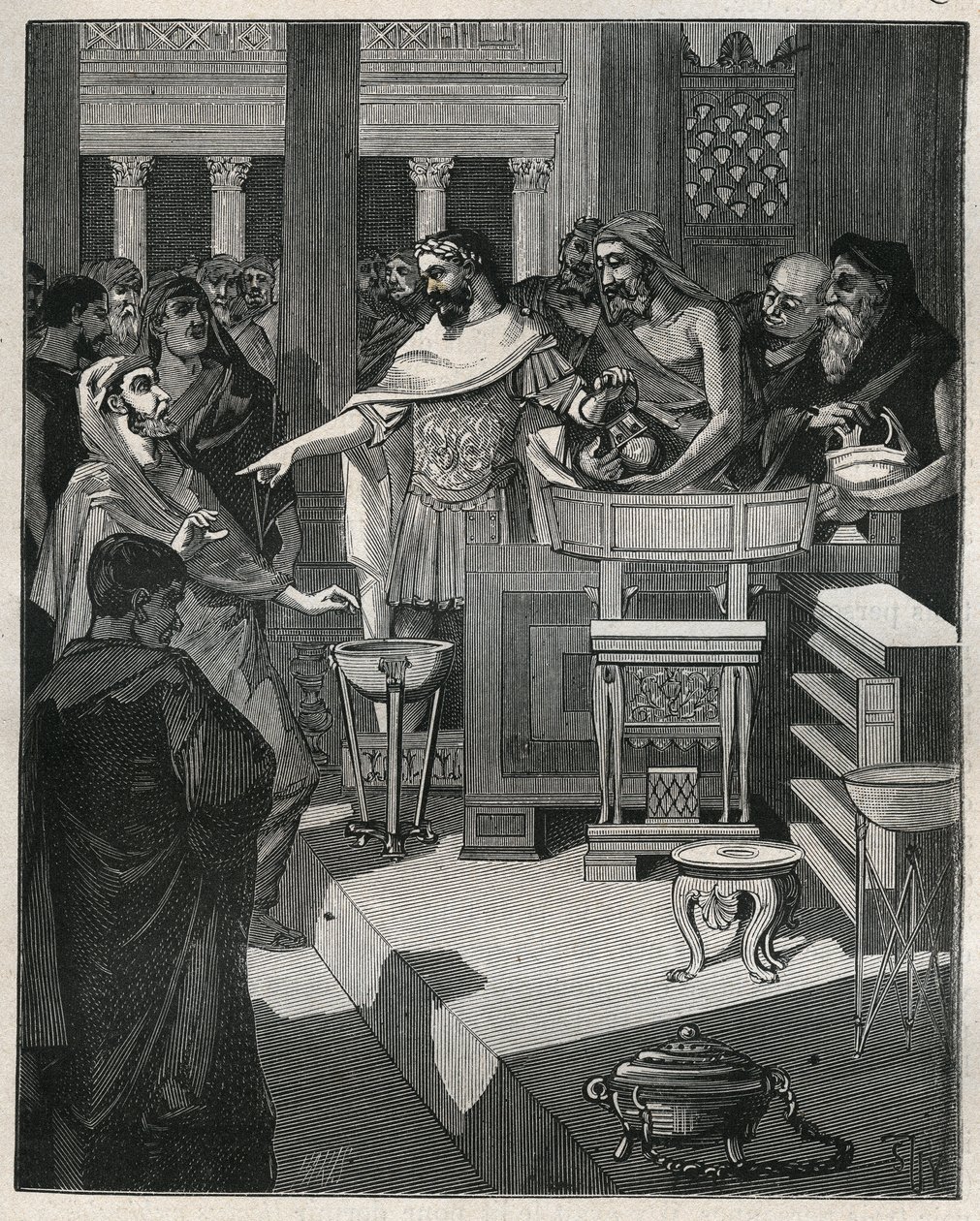 O Imperador Romano Calígula (12-41) em um brocanter na Gália Romana. Gravura de 1885 em "Les arts et metiers illustres" de Adolphe BITARD. de Unknown artist