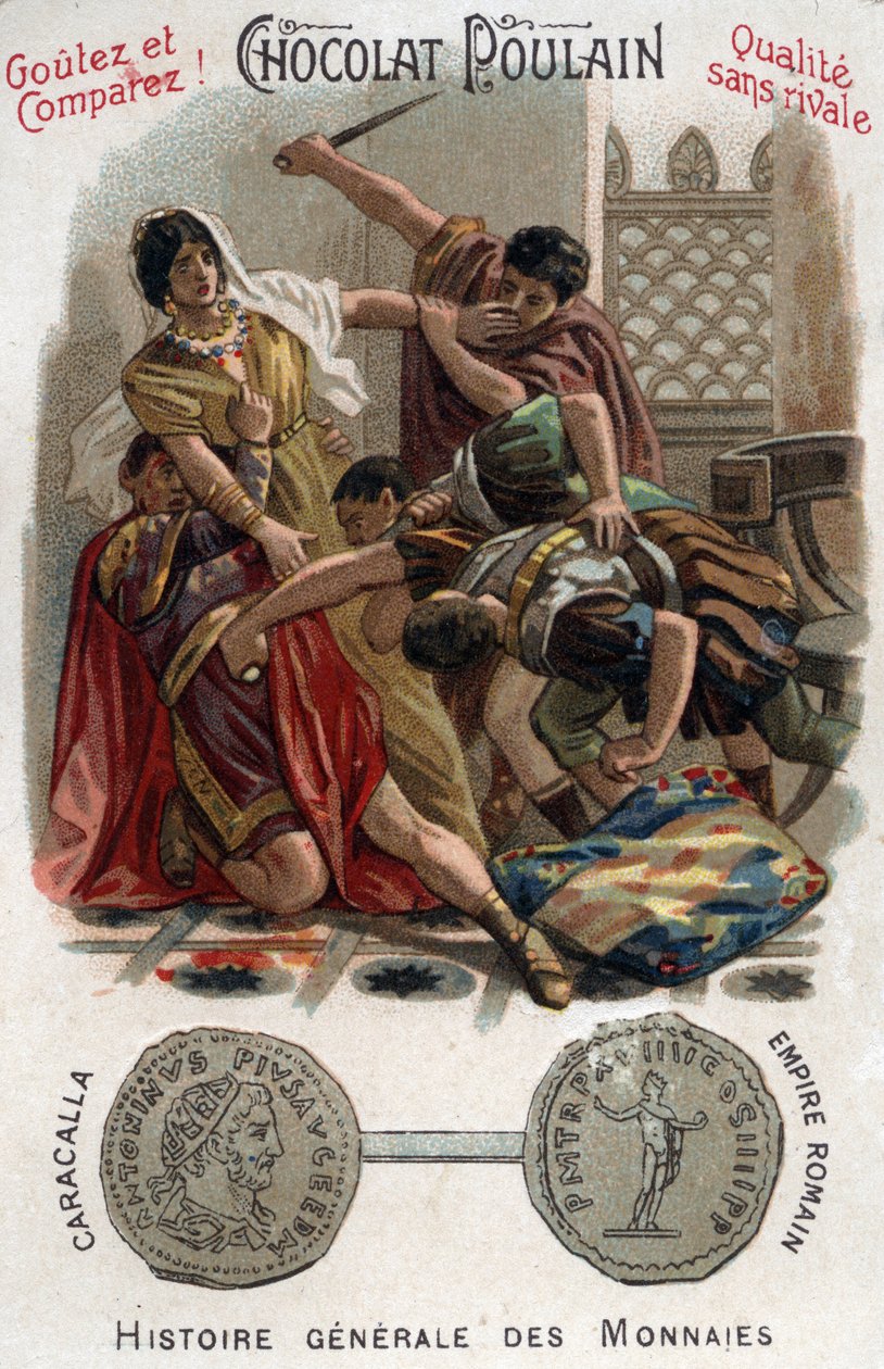 O Imperador Romano Caracalla (188-217) assassinou seu irmão Geta nos braços de sua mãe. Em História Geral das Moedas. Cromolitografia de Chocolate-Foal do final do século XIX. Coleção particular. de Unknown artist