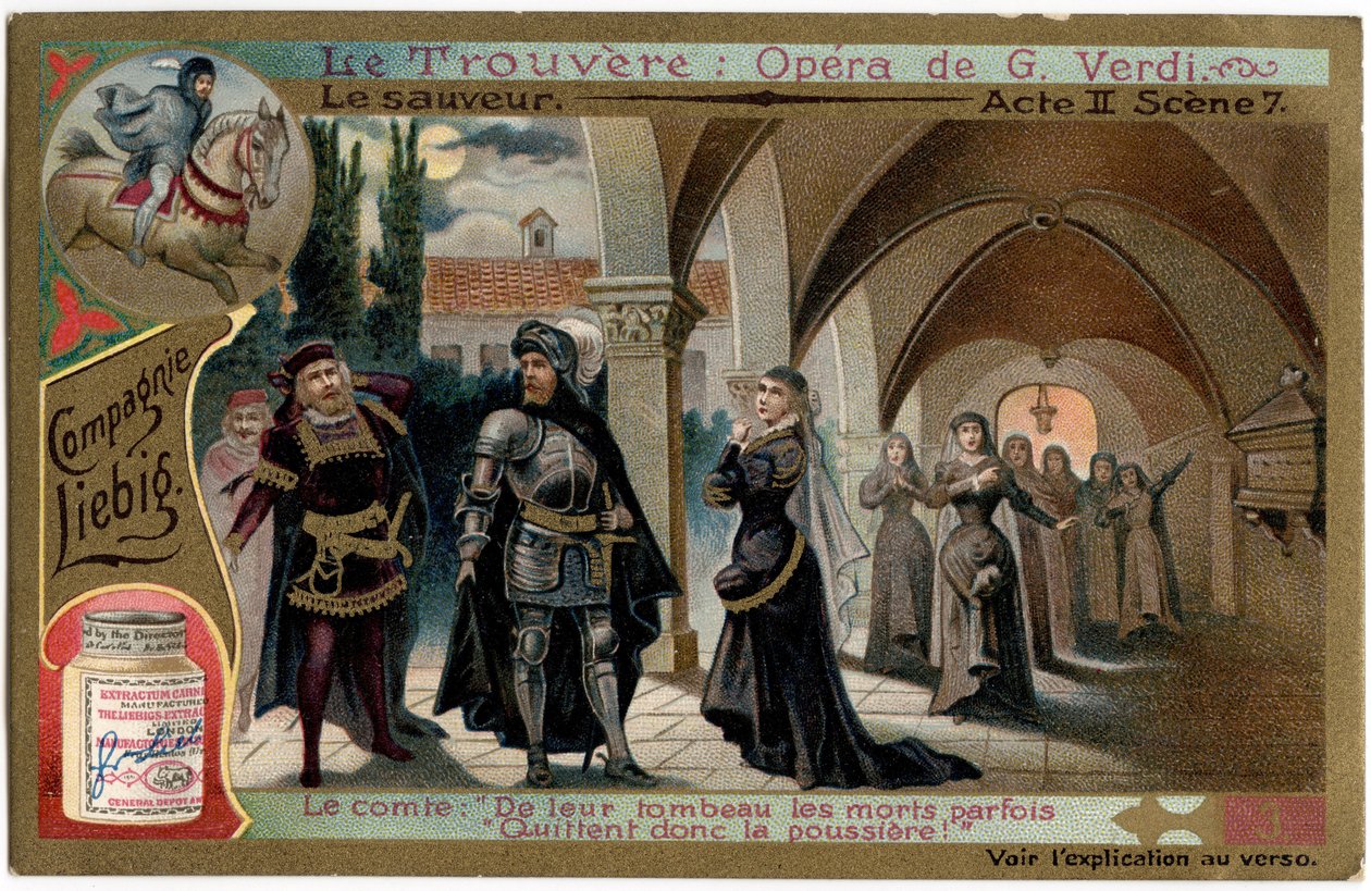 A cena 7.Ilustração da ópera "O achado" (Il trovatore) de Giuseppe Verdi (1813-1901). Cromolitografia (Chromo) Liebig do final do século XIX. de Unknown artist