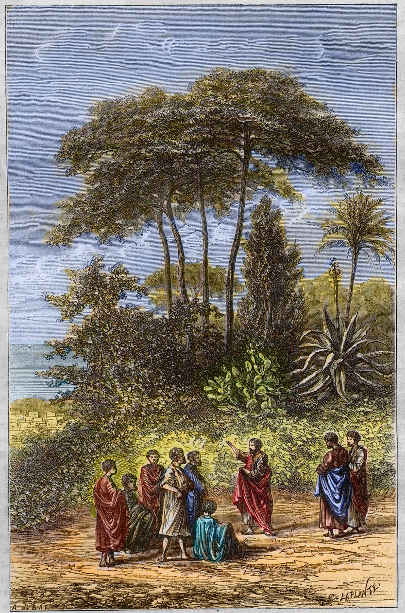 A Escola de Pitágoras - Pitágoras entre seus alunos em Crotona - gravura de 1879 - O filósofo Pitágoras e seus discípulos sob o sombreado de Crotone, gravura de 1879 de Unknown artist