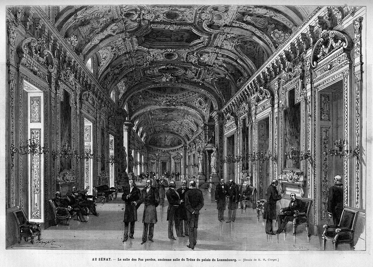 O lobby do Senat, antiga Sala do Trono, Palais du Luxembourg. Gravura em "Le Monde illustrious" 1883. Coleção privada. de Unknown artist