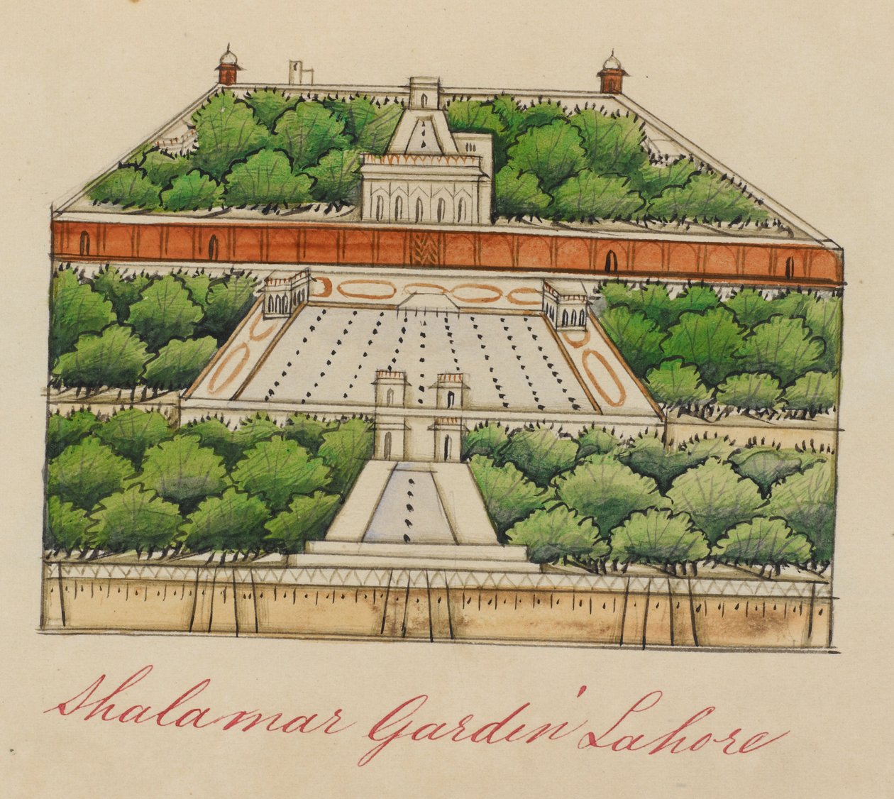 Os Jardins de Shalimar, a 5 milhas a leste de Lahore. Inscritos: "Shalamar Gardin Lahore". de Unknown artist