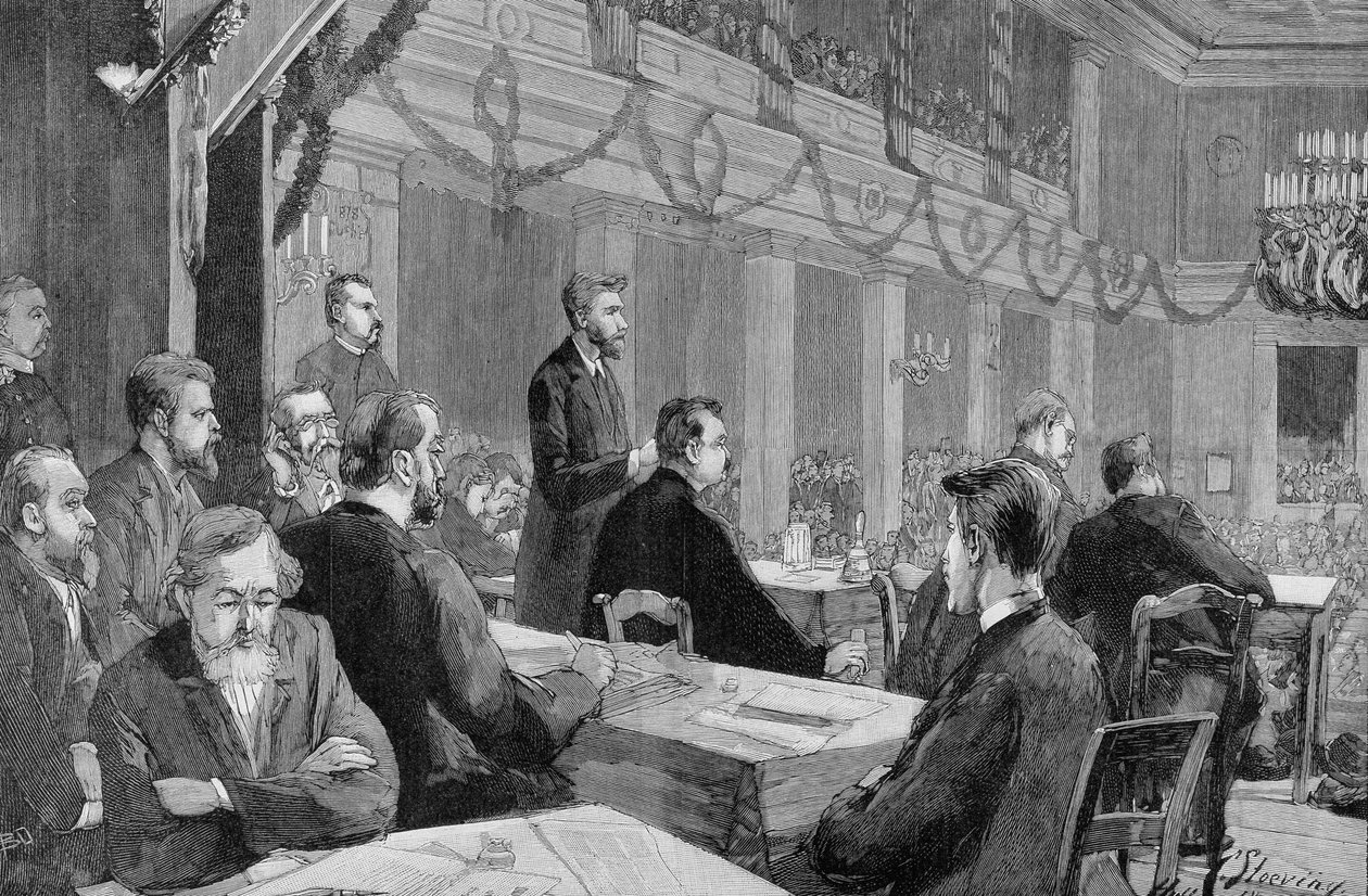 O Congresso Socialista de Halle (Saxônia) em 1890 na presença de August Bebel, Gravação de 1890. de Unknown artist