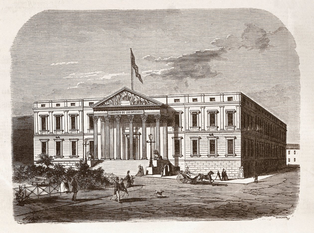 O Parlamento Espanhol (Congresso de los diputados), Madrid. Gravura do século XIX. de Unknown artist