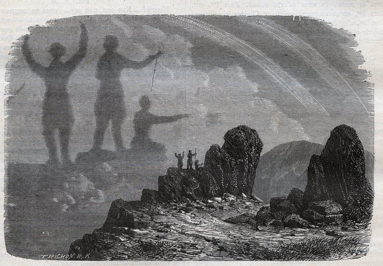 O espectro do Brocken nas Montanhas Harz - espectro Brocken ou espectro Brocken - gravação a partir de 1877 de Unknown artist