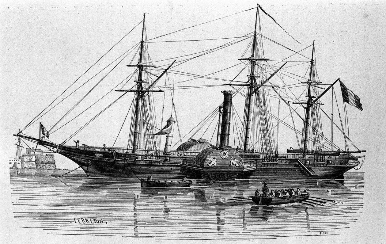 O Sphinx, o primeiro barco a vapor da marinha francesa construído em 1830. Gravura do século XIX. de Unknown artist