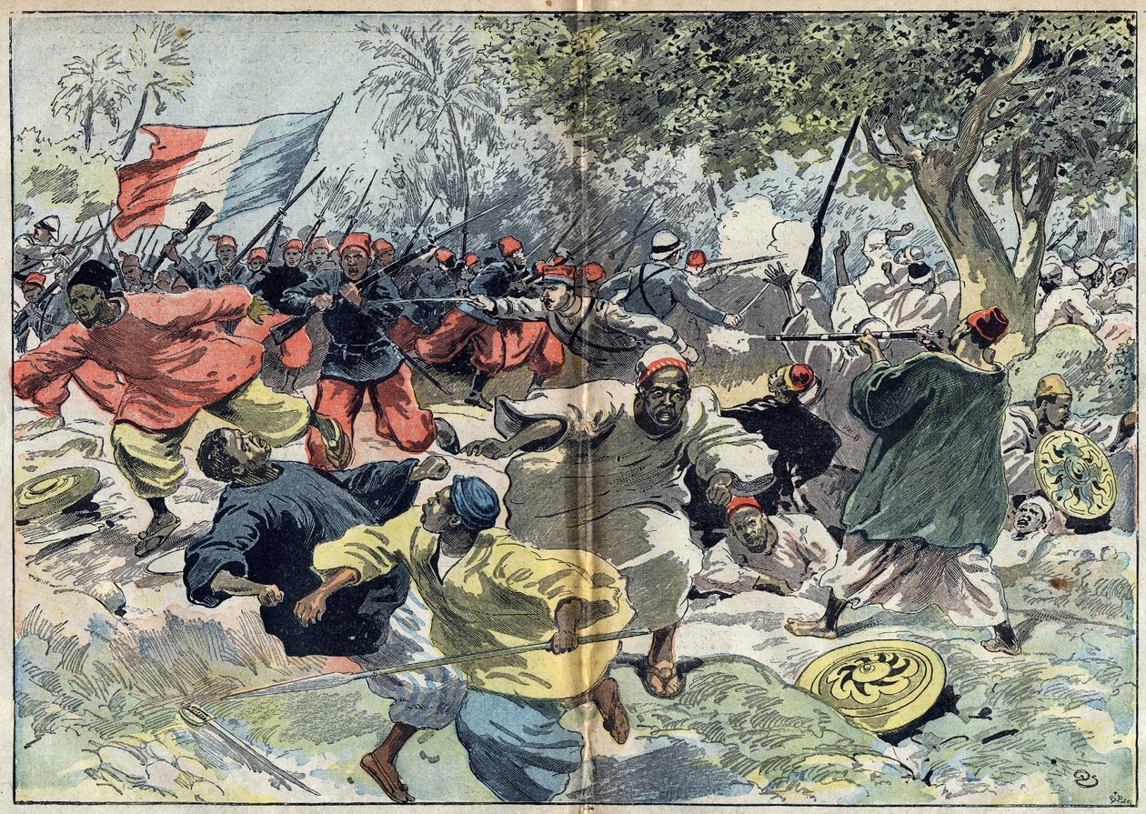As tropas sudanesas de Samory Toure (cerca de 1835-1900) foram colocadas atrás das margens do rio Cavalby por uma colónia francesa sob o comando do Tenente Walfel. Sudão, 9 de Setembro de 1898. Ilustração em "Le Pelerin" de 9 de outubro de 1898 de Unknown artist
