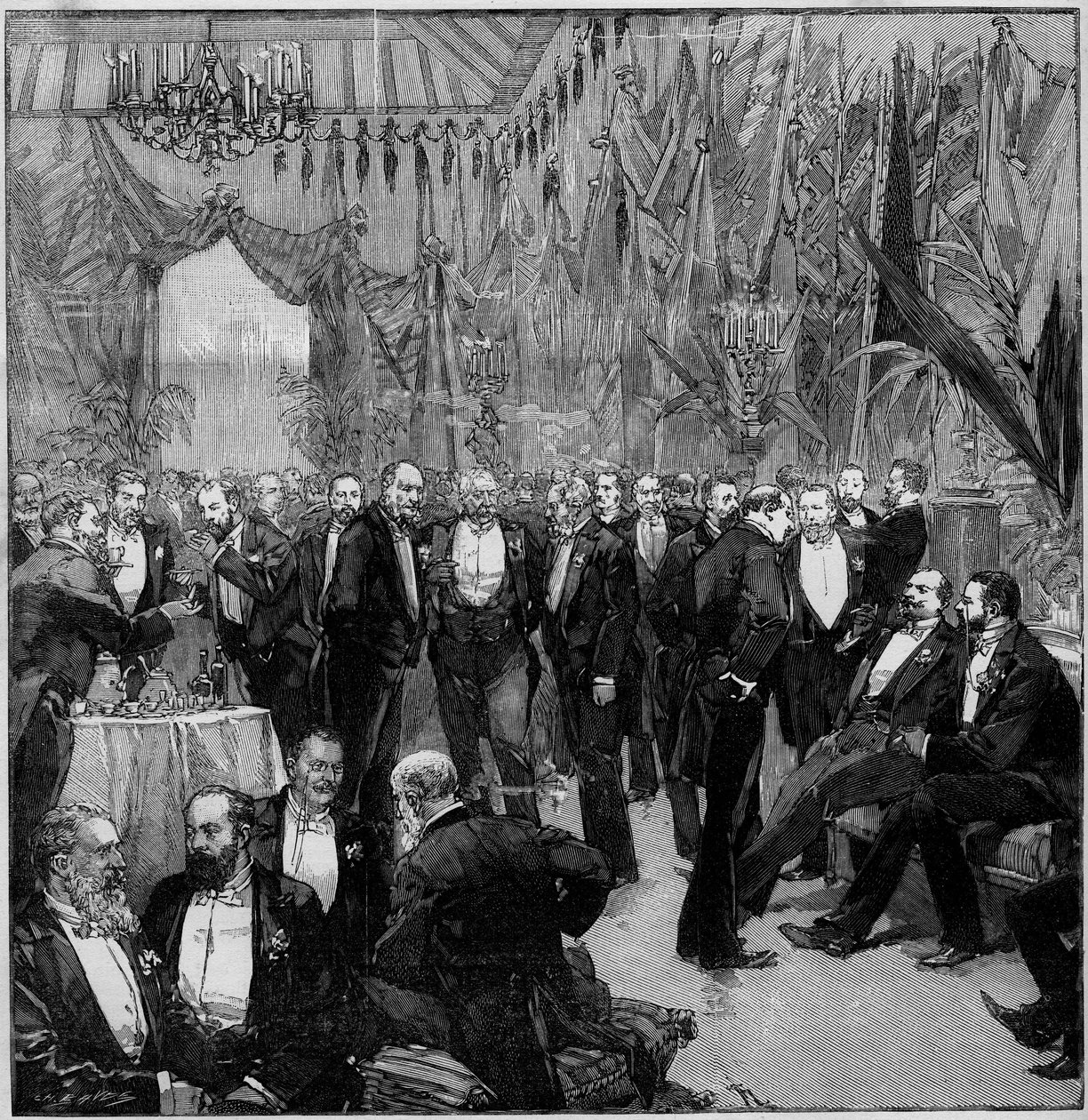 O banquete de Suez reuniu os financiadores mais importantes do mundo (Reunião dos membros da Comissão Internacional). Gravura em "O Mundo Ilustrado" (The Illustrous World) de Unknown artist