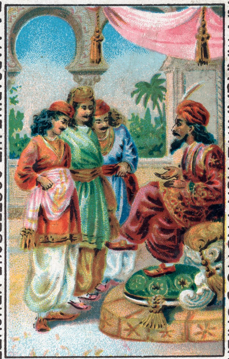 O Sultão e os seus filhos. História do Príncipe Ahmed e da taxa Paris-Banou (Pari Banou) (Paribanu). Conto de 1001 noites (contos das mil e uma noites). Cromolitografia do final do século XIX. de Unknown artist