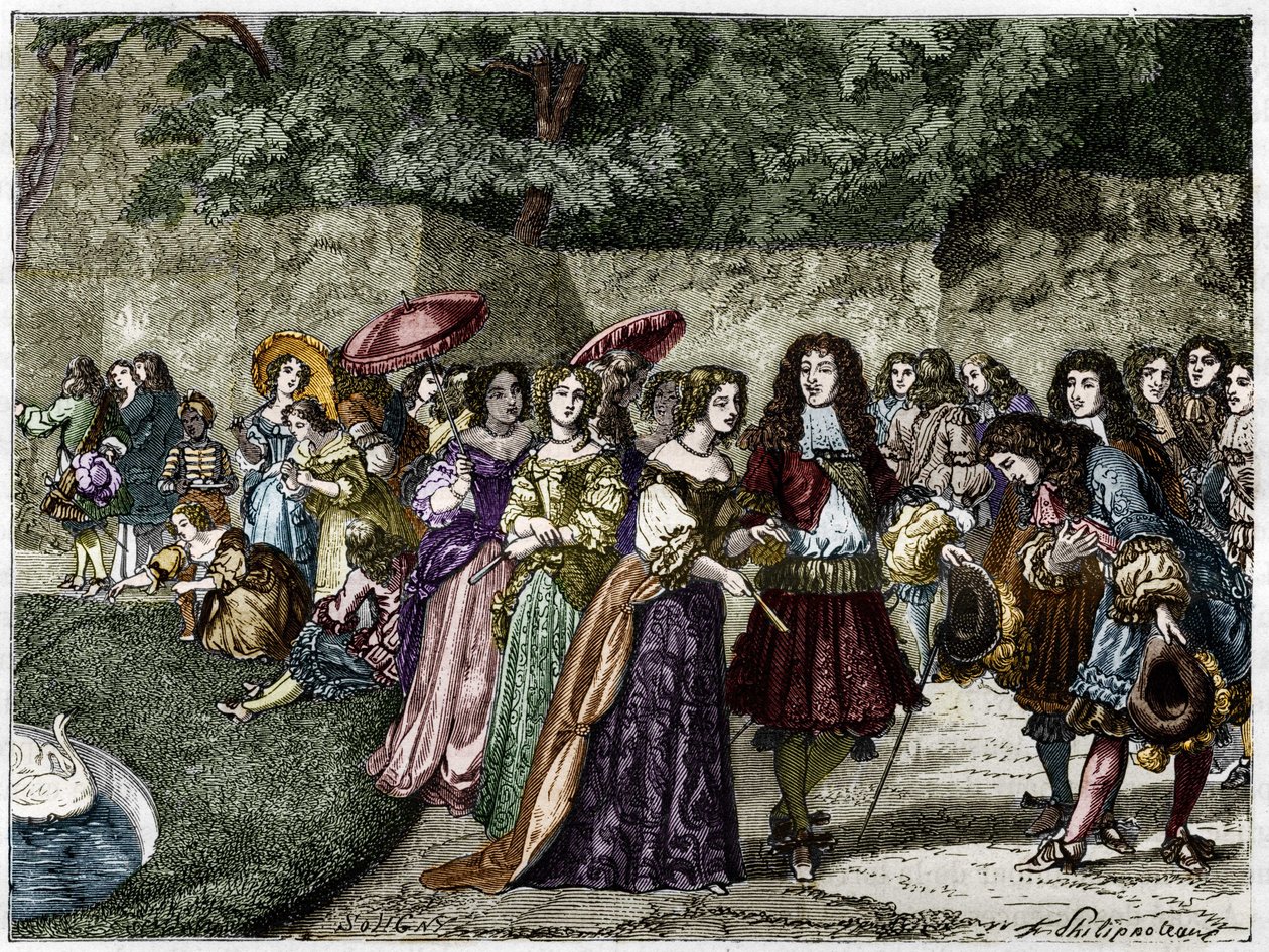 O Rei Sol (Luís XIV, nos jardins de Versalhes, rodeia o seu pátio). Gravura do século XIX. de Unknown artist